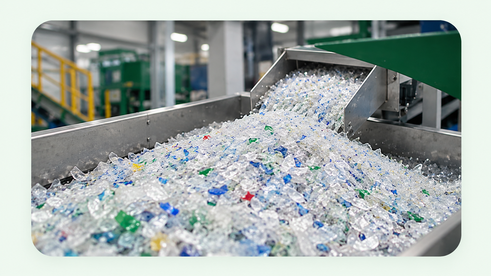 Recycled plastic flakes moving through a modern recycling facility